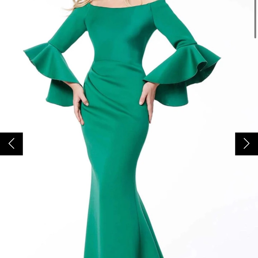 Jovani - 59993 Off-Shoulder Bell Sleeve Draping Mermaid Gown (FUSHICIA PINK)